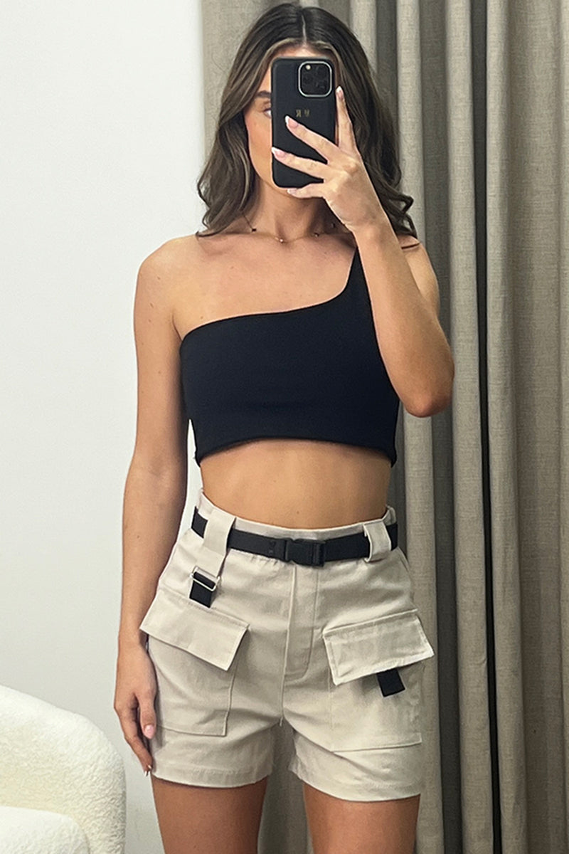 Stephanie Beige Belted Cargo Utility Shorts LASULA