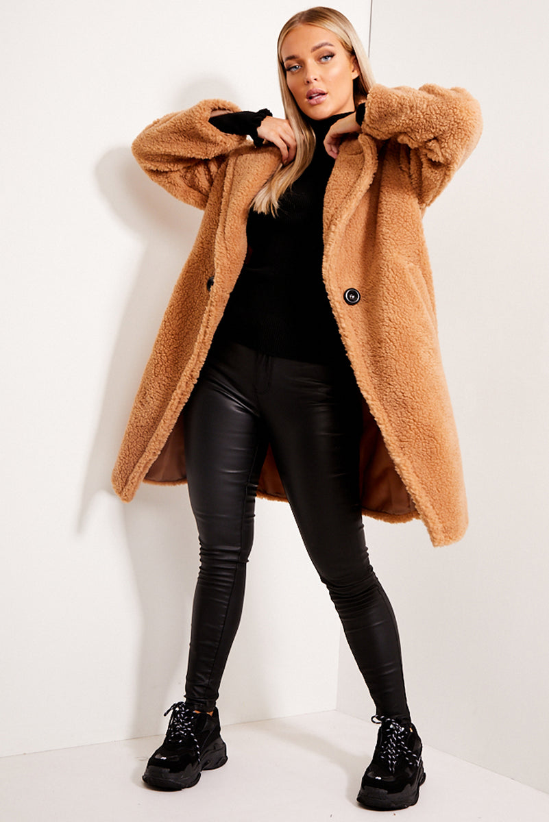 Camel Button Up Teddy Coat LASULA