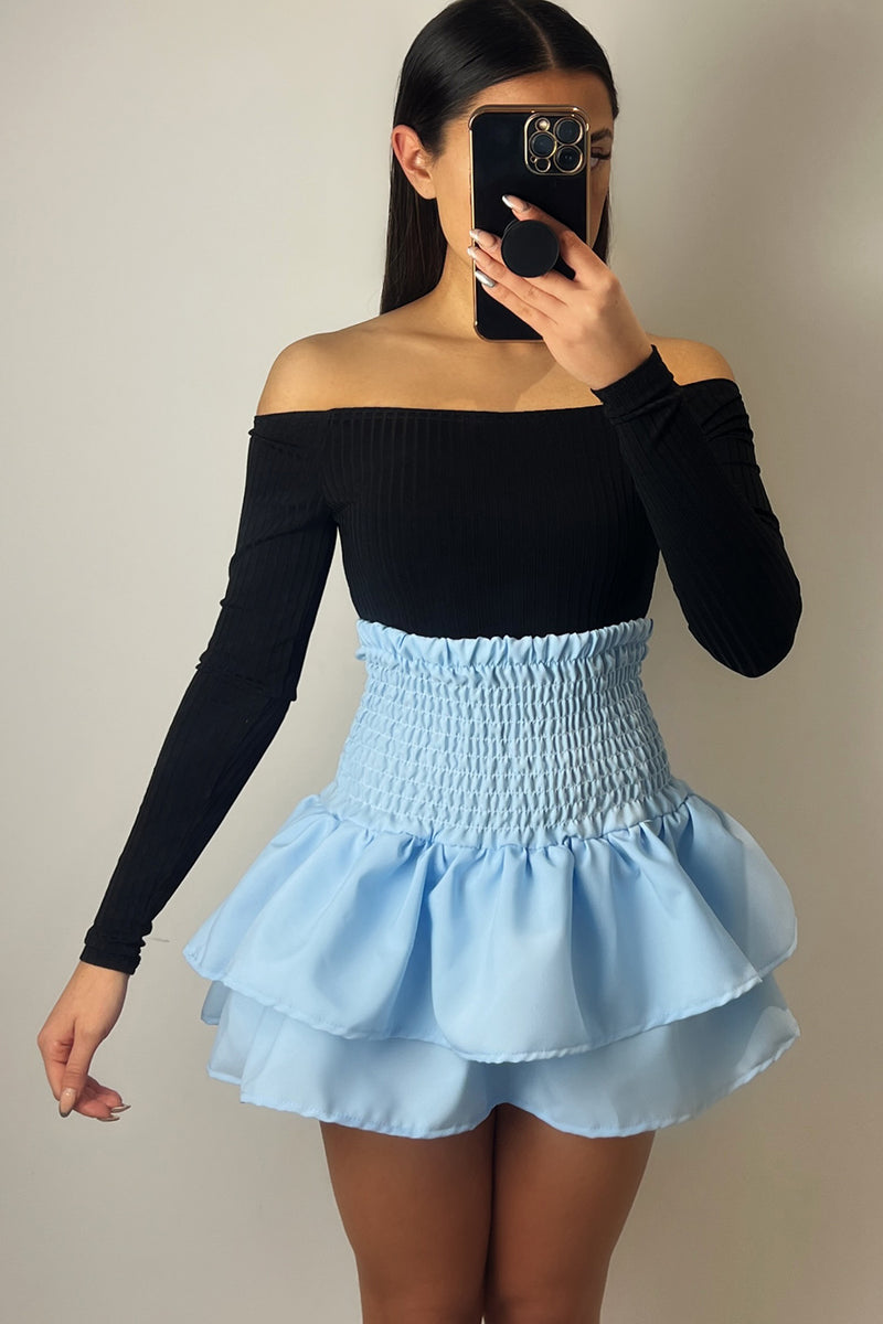 Cece Blue Shirred Waist Ruffle Hem Mini Skirt Lasula 4595