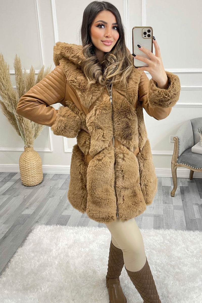 Kiko Camel Pu Faux Leather Faux Fur Trim Longline Coat Lasula 