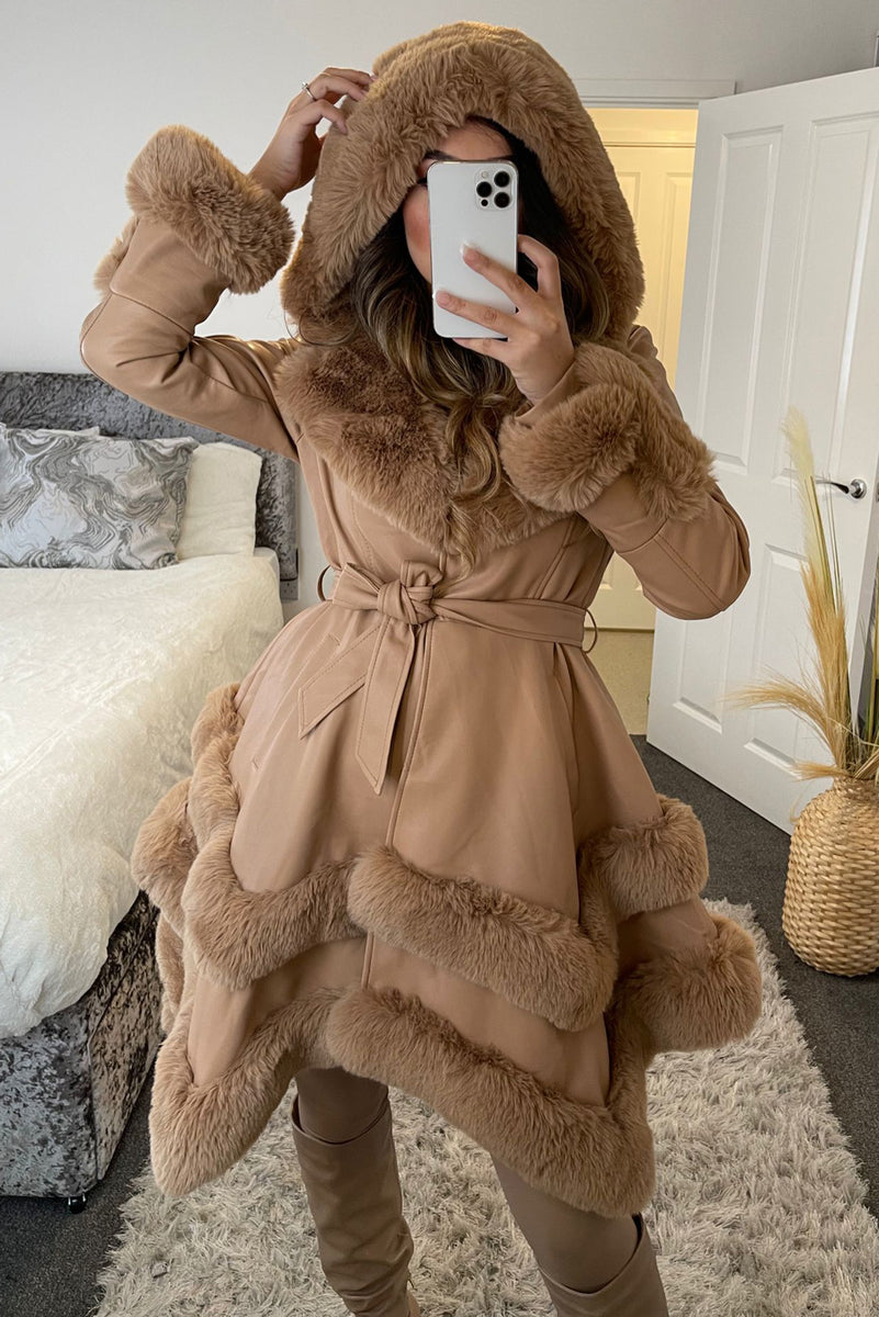 Allana Camel PU Faux Leather Faux Fur Tiered Trim Belted Longline