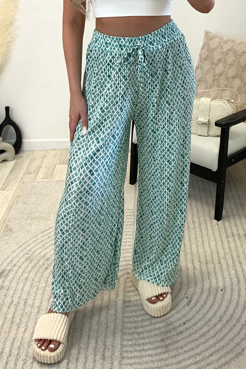 Christie Green And White Plisse Patterned Wide Leg Trousers LASULA christie-green-and-white-plisse-patterned-wide-leg-trousers-lasula