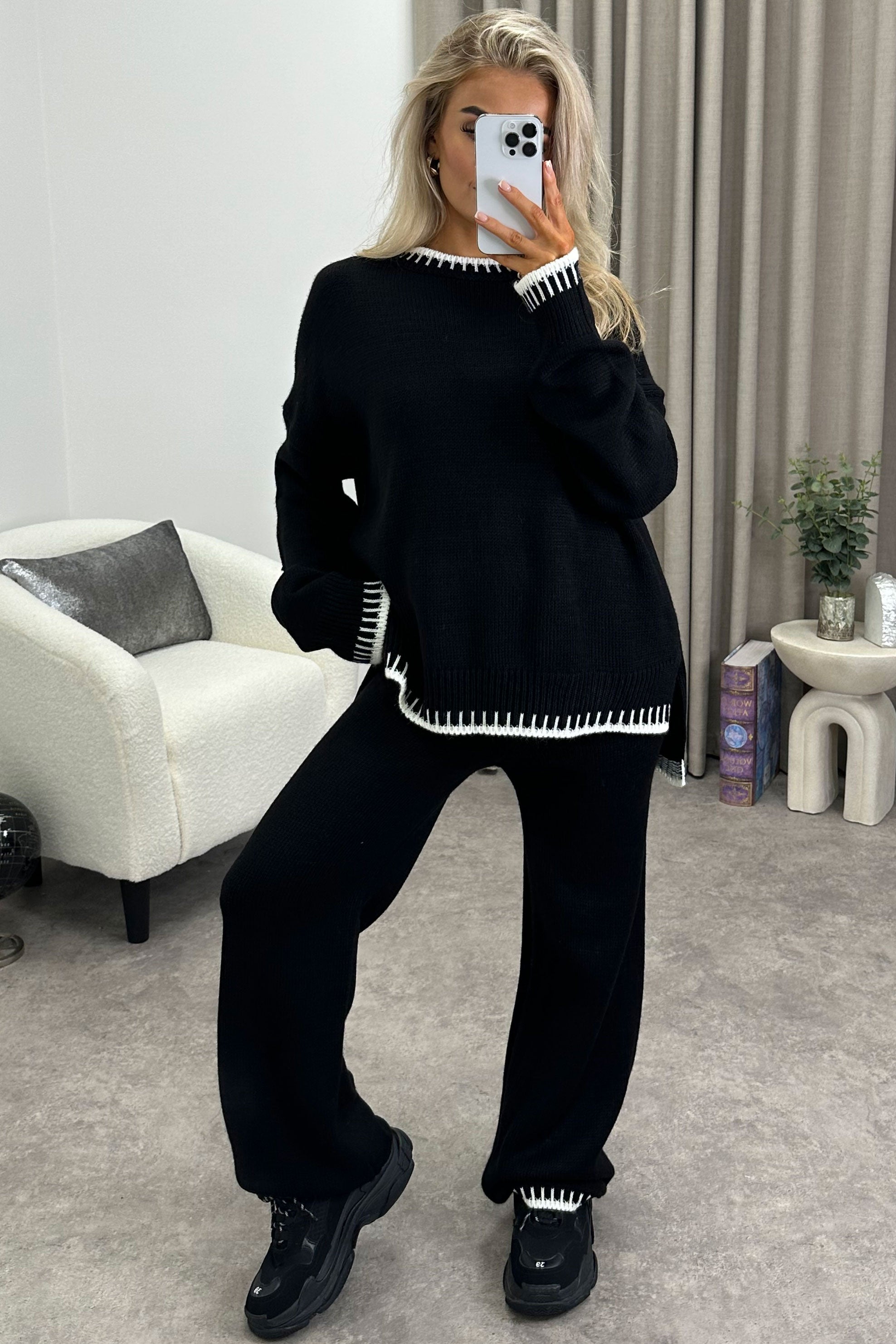 Beige Jumper & Trousers Knitted Loungewear Trim Two Piece Co-ord Set –