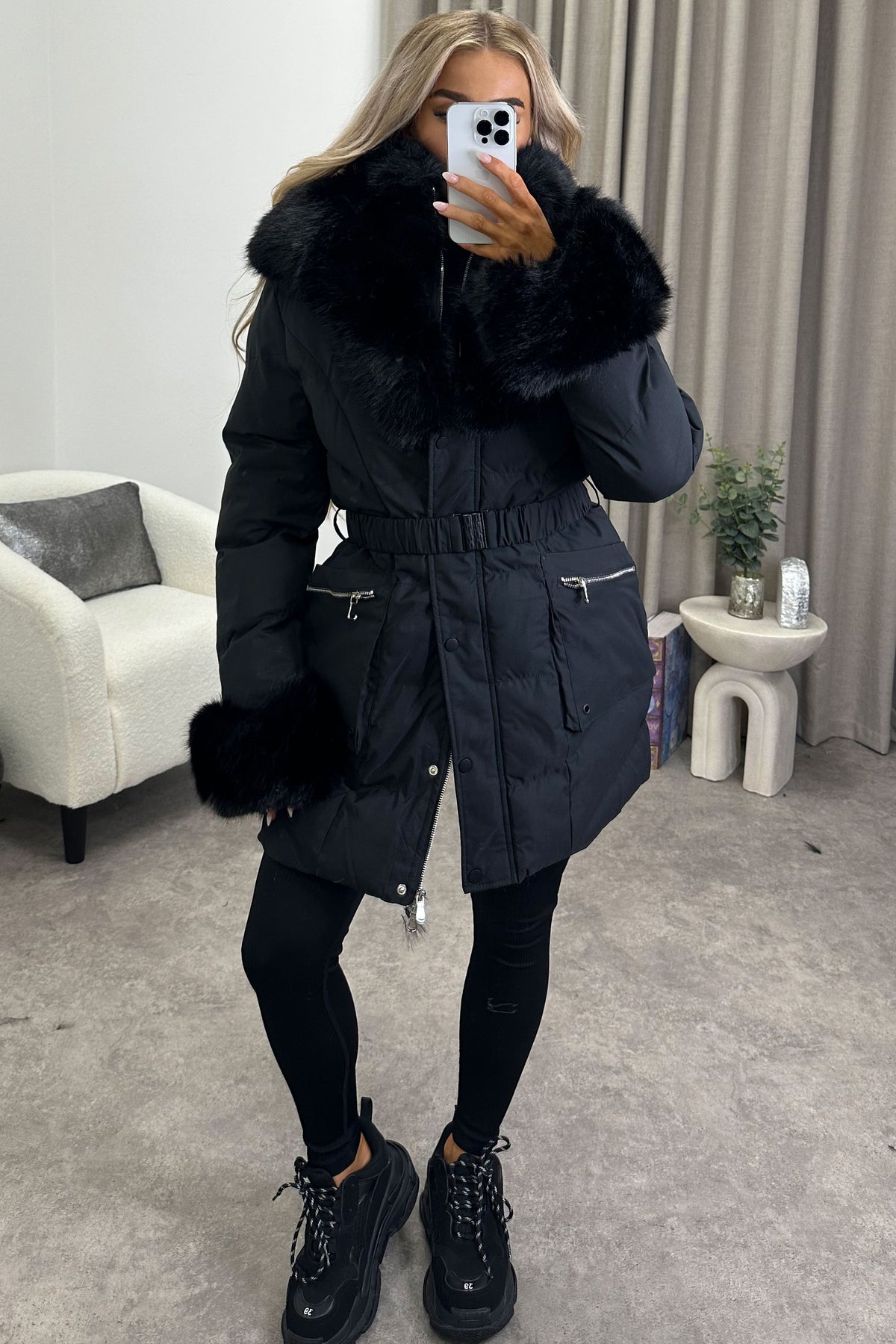 Safia Black Wet Look Padded Faux Fur Trim Longline Coat – LASULA