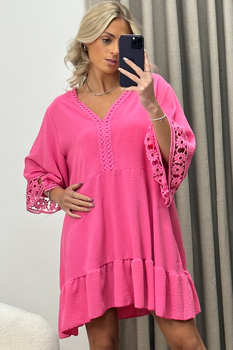 Briella Pink V Neck Crochet Trim Tiered Frill Smock Dress – LASULA