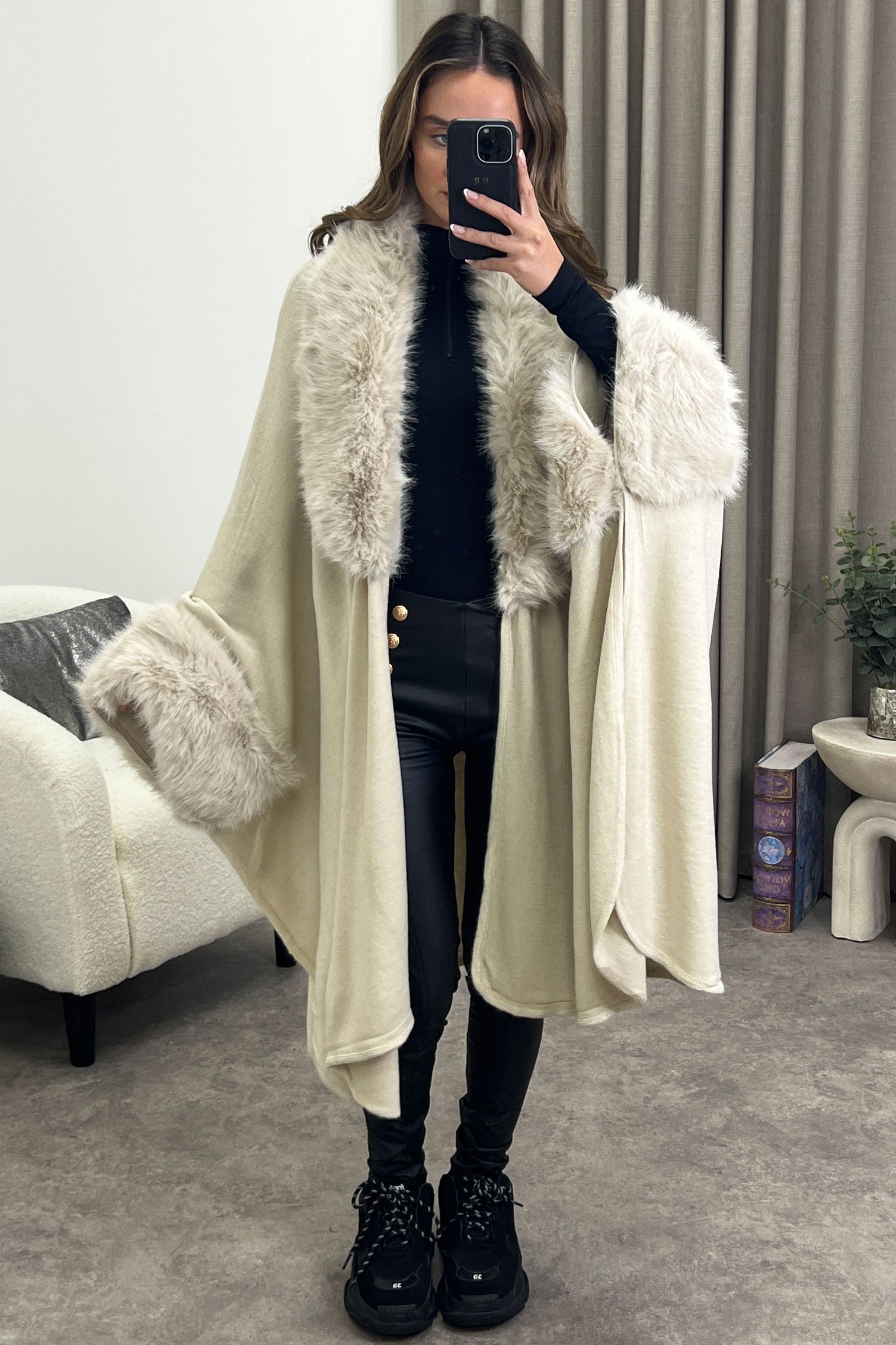 Fran Beige PU Faux Leather Faux Fur Trim Longline Belted Coat – LASULA