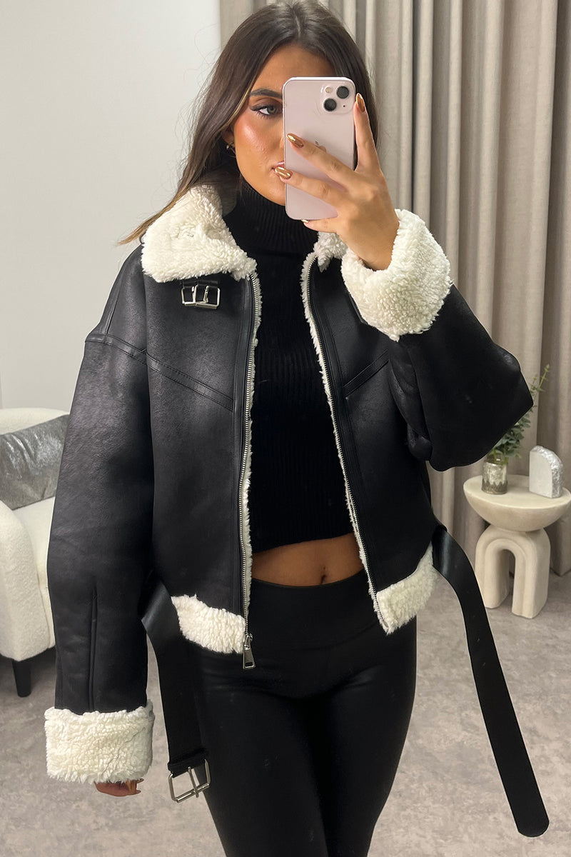 Faux Leather Teddy Trim Aviator Jacket