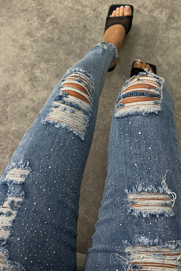 Blue Ripped Knee Bootleg Jeans – LASULA