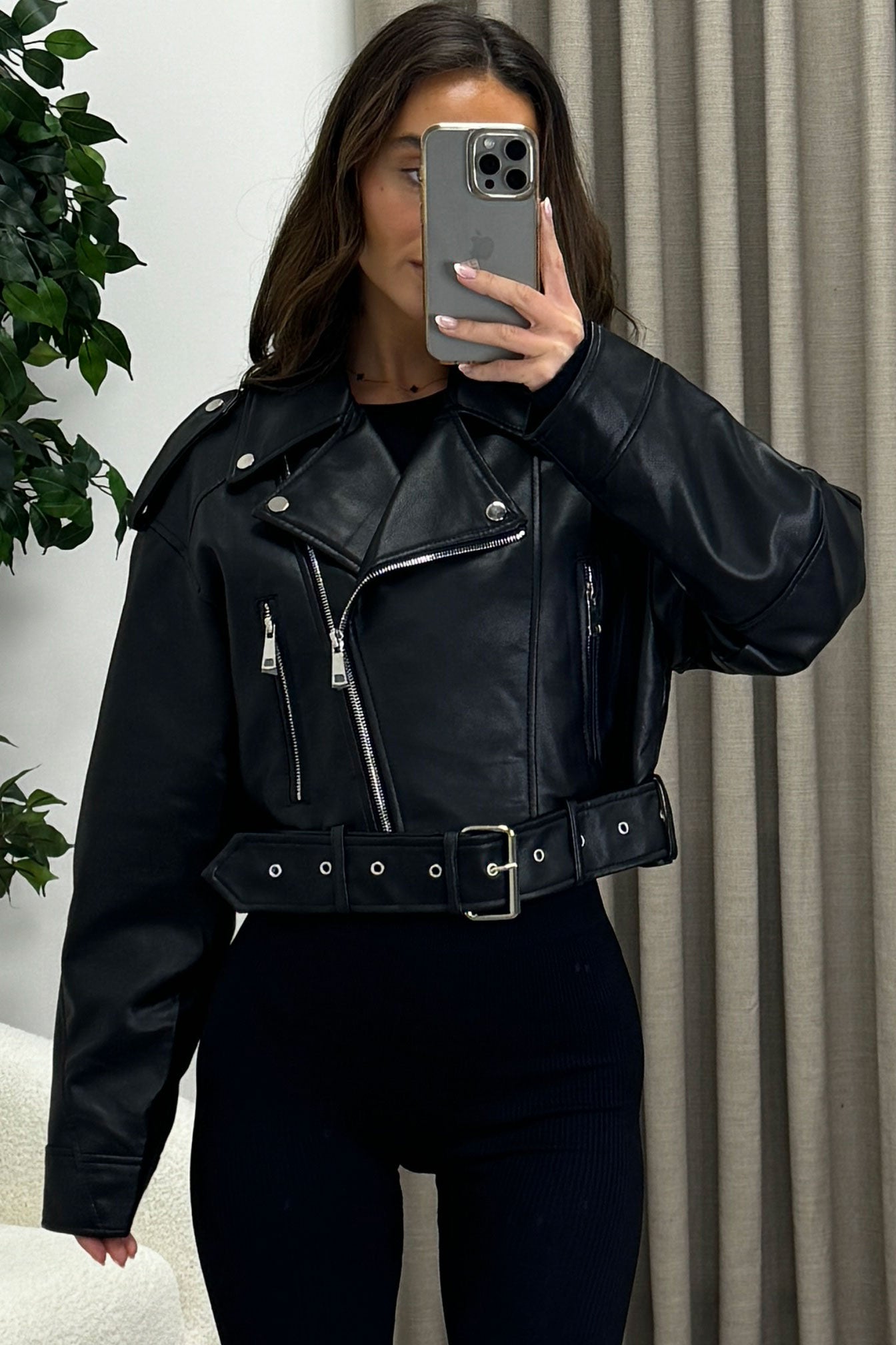 CIARA | Leather Crop Biker Jacket - Black / S
