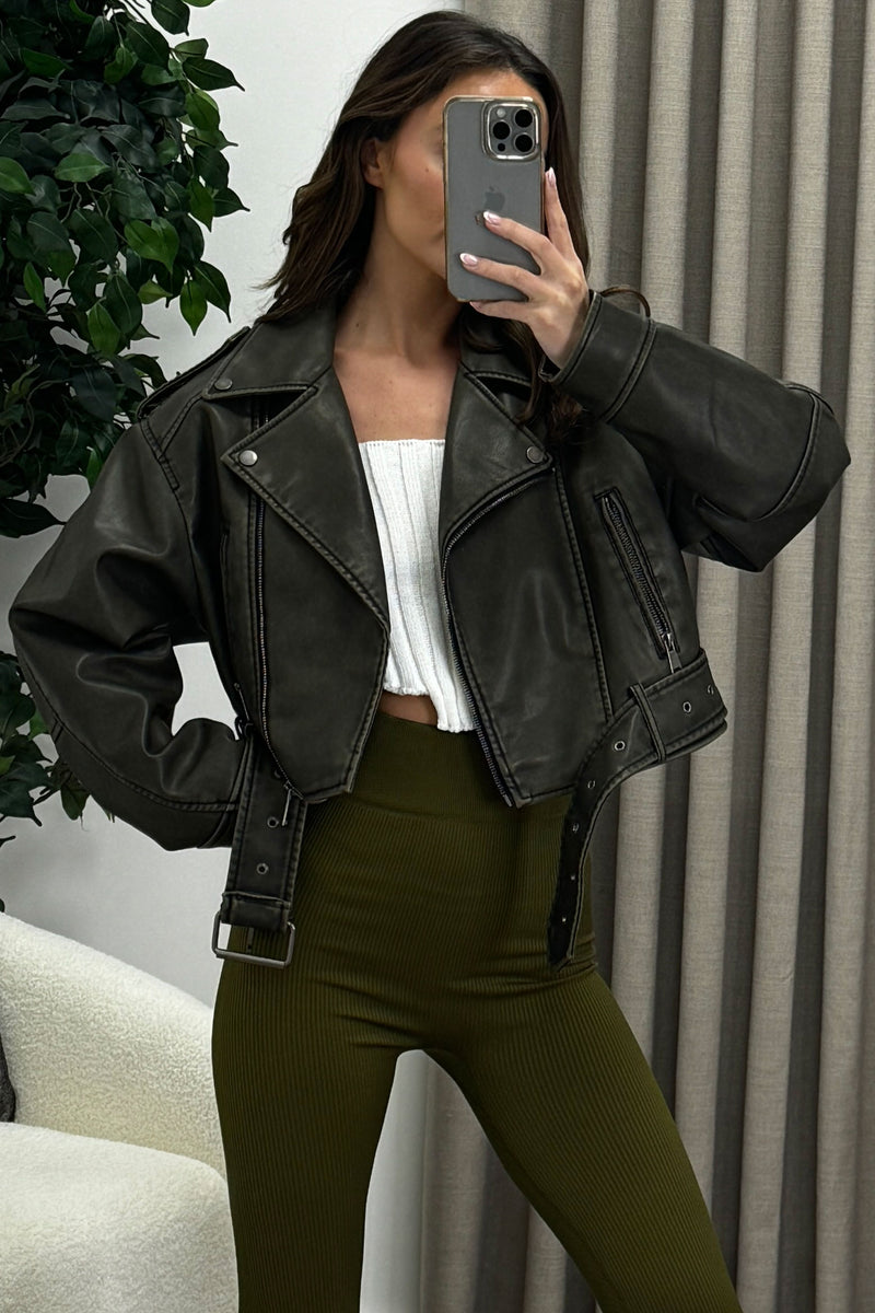 Imane Khaki Washed Faux Leather PU Zip Up Belted Cropped Biker Jacket ...