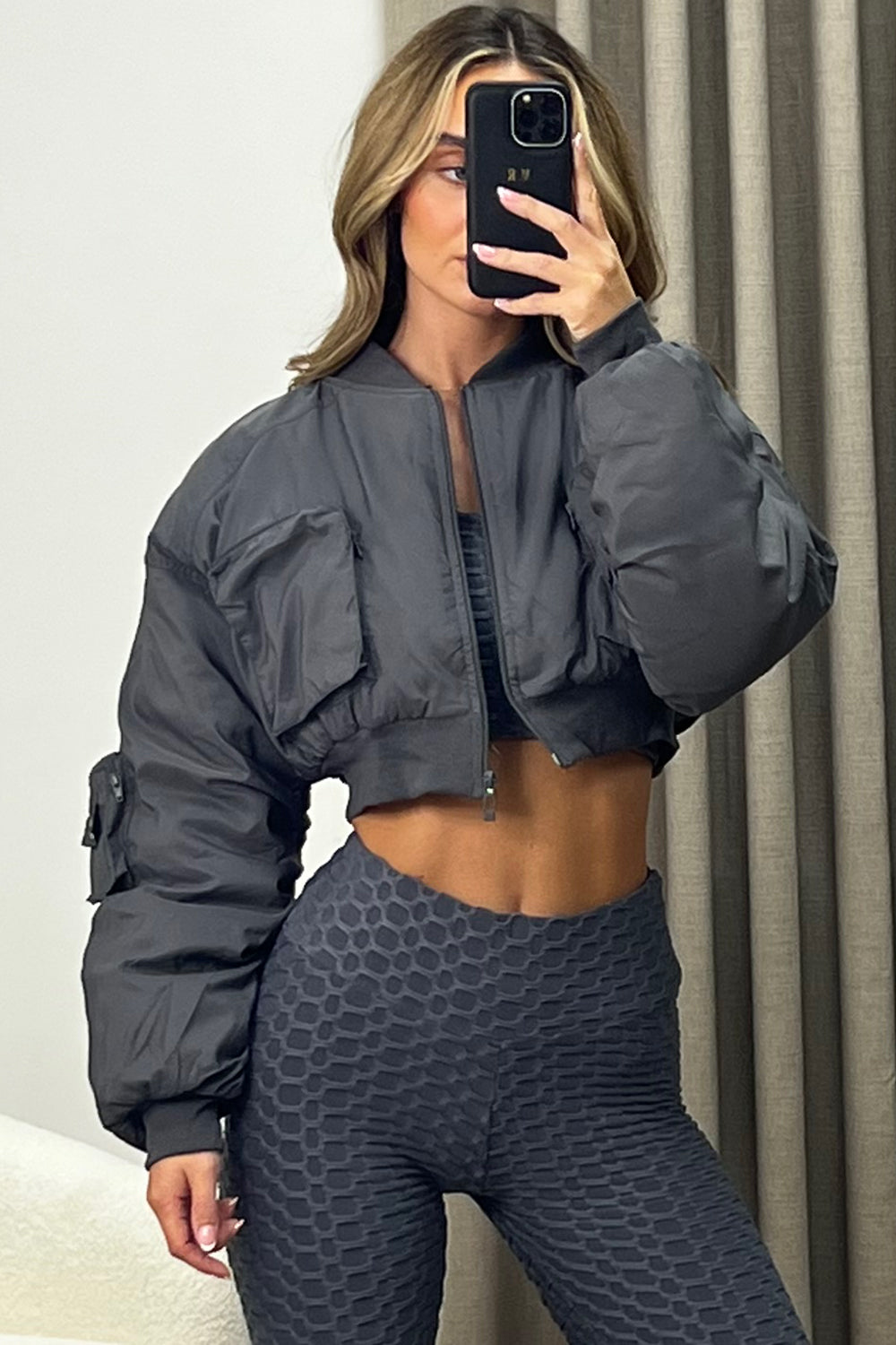 Grey cropped hotsell bomber jacket