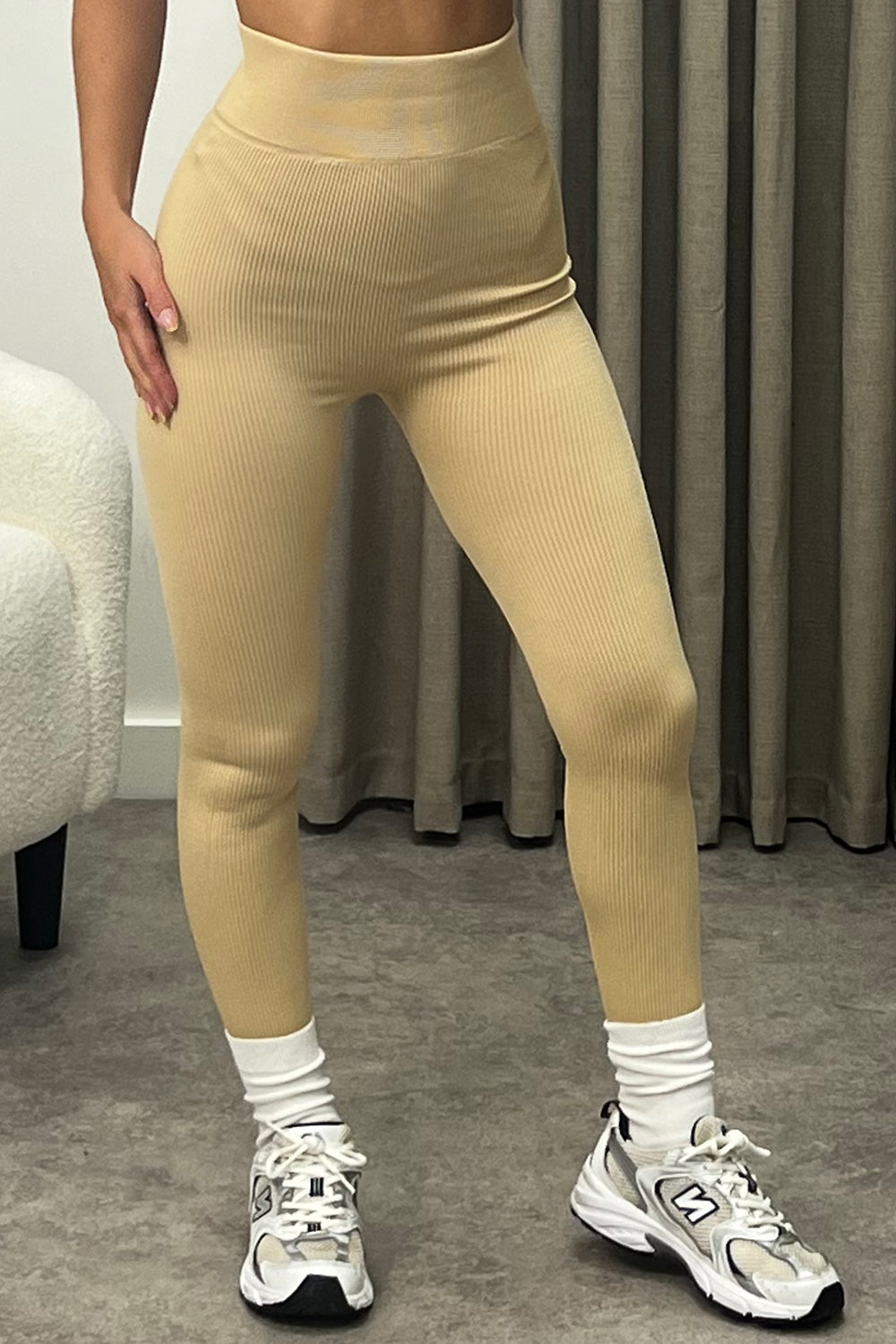 Megs Beige Ribbed High Waisted Gym Leggings – LASULA