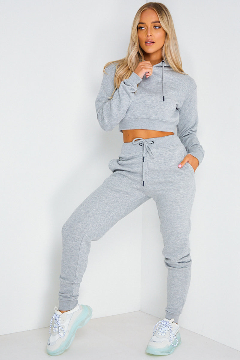Grey Cropped Hoodie and Joggers Tracksuit Set – LASULA
