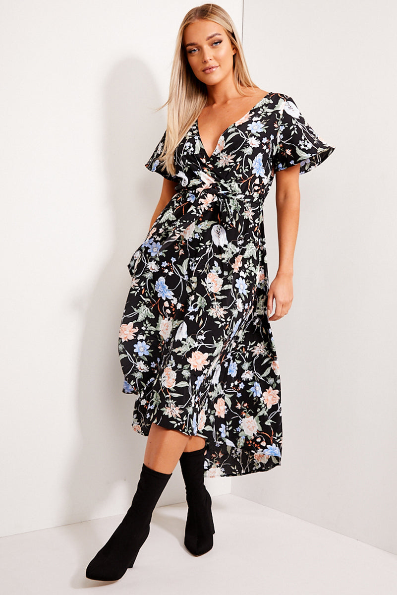 Black Floral Print Tie Waist Maxi Dress – LASULA