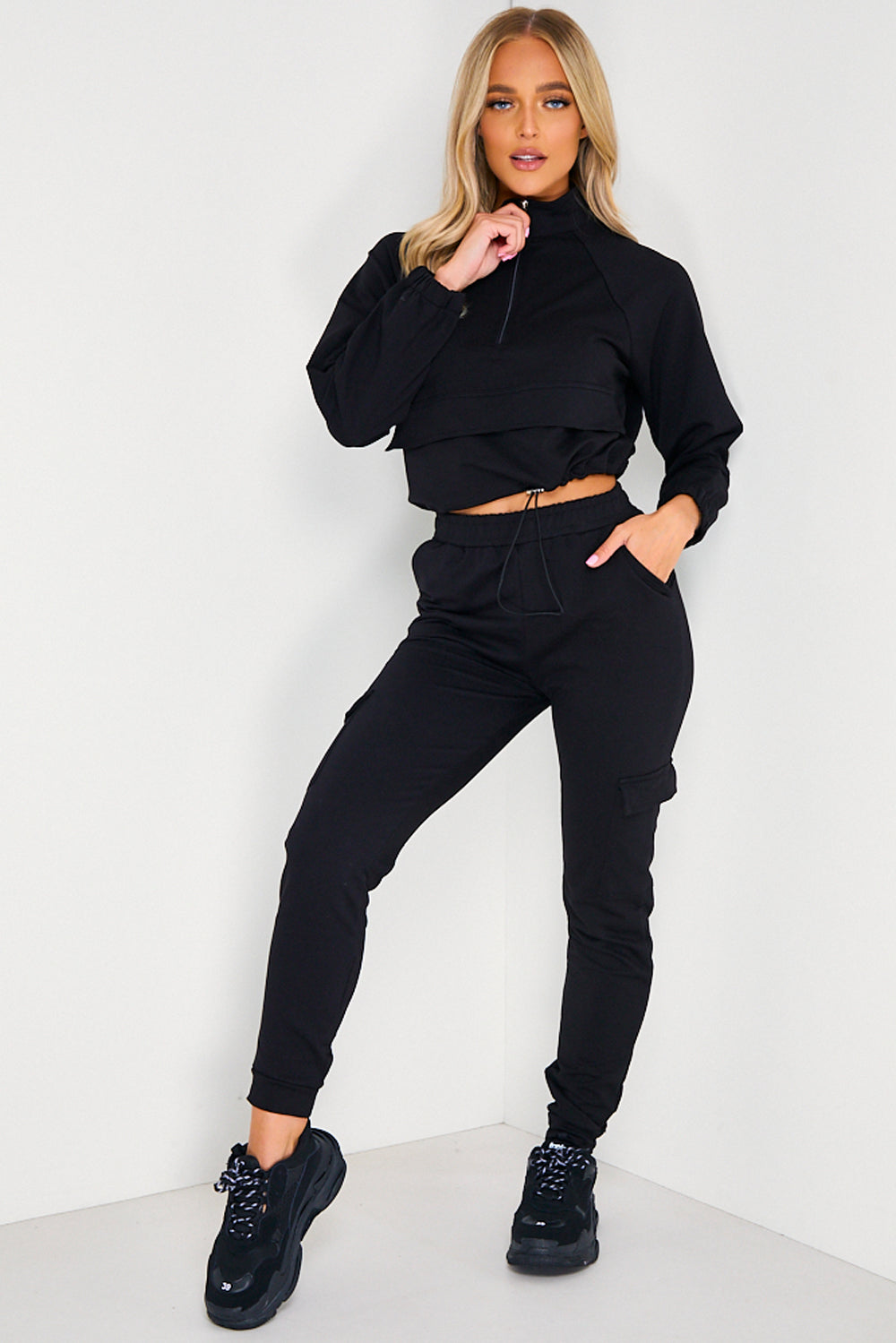 Black Zip Drawstring Top and Cargo Joggers Tracksuit Set – LASULA