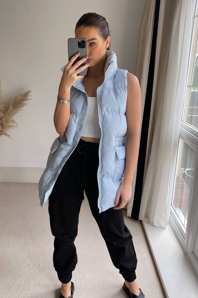 Cecelia Blue Longline Puffer Drawstring Gilet LASULA