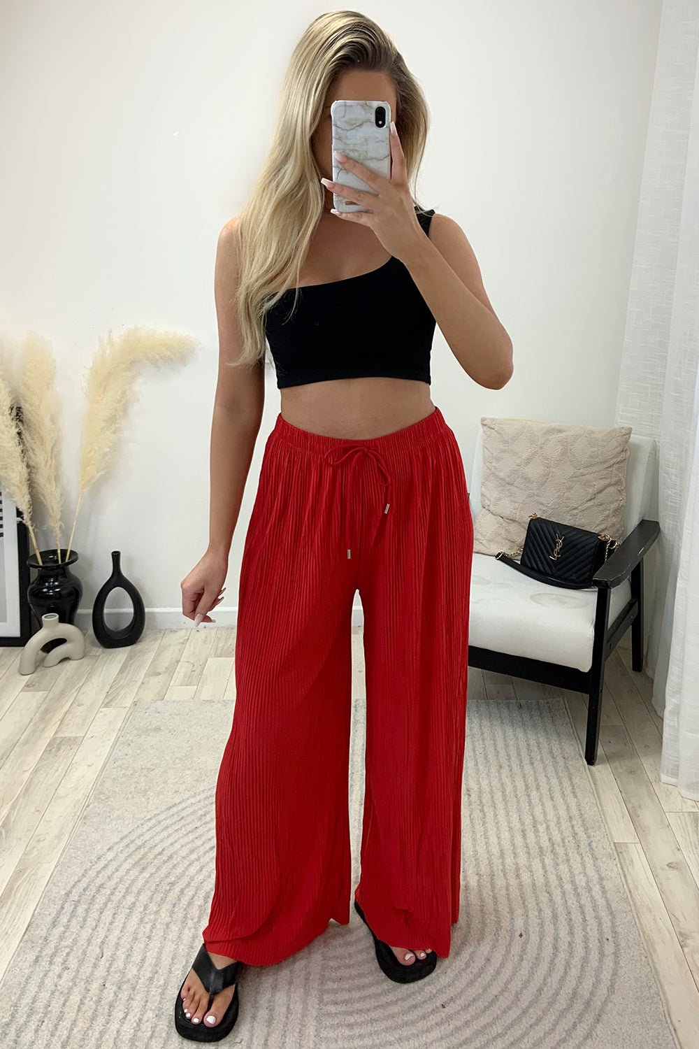 Tanya Red Plisse High Waisted Drawstring Wide Leg Trousers – LASULA