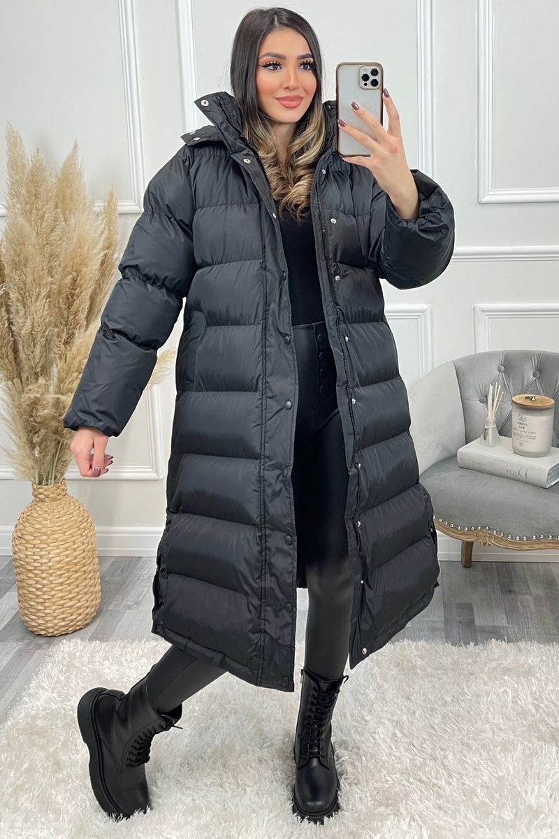 Lollie Black Padded Button Up Hooded Longline Coat – LASULA