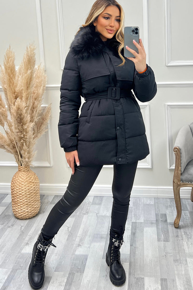Kirstie Black Faux Fur Belted Longline Puffer Coat – LASULA