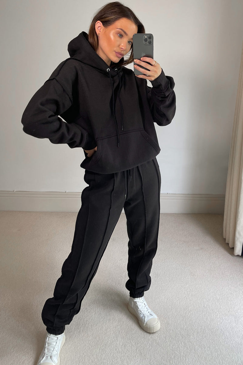 Danielle Black Exposed Seam Hoodie and Joggers Tracksuit Set – LASULA