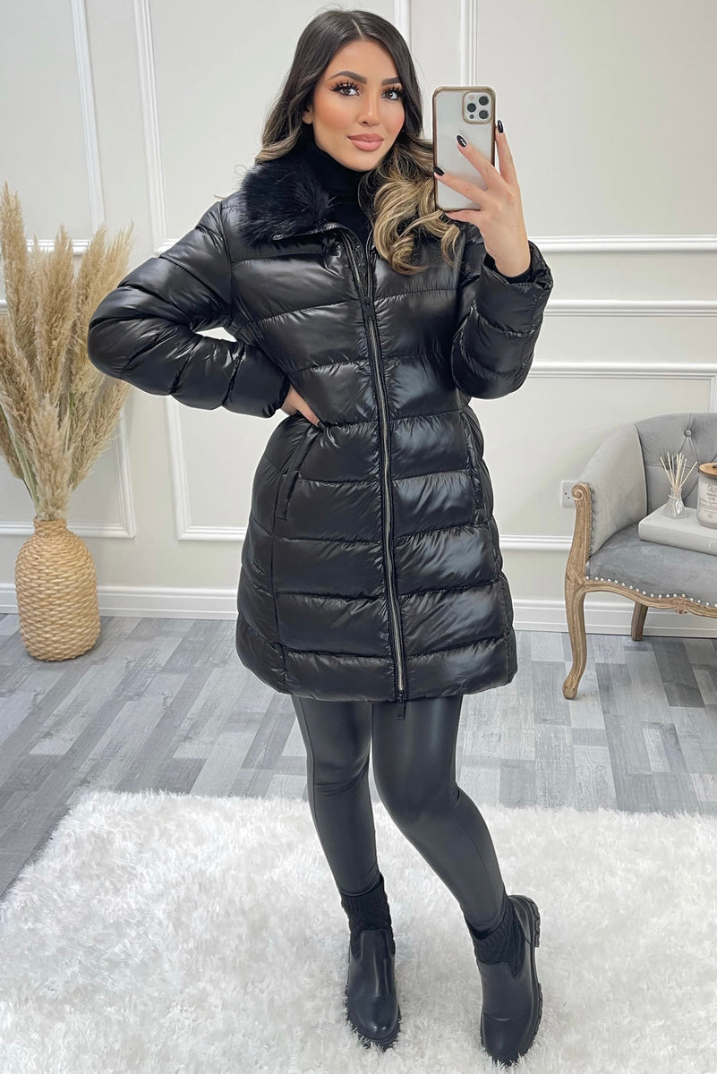 Safia Black Wet Look Padded Faux Fur Trim Longline Coat – LASULA
