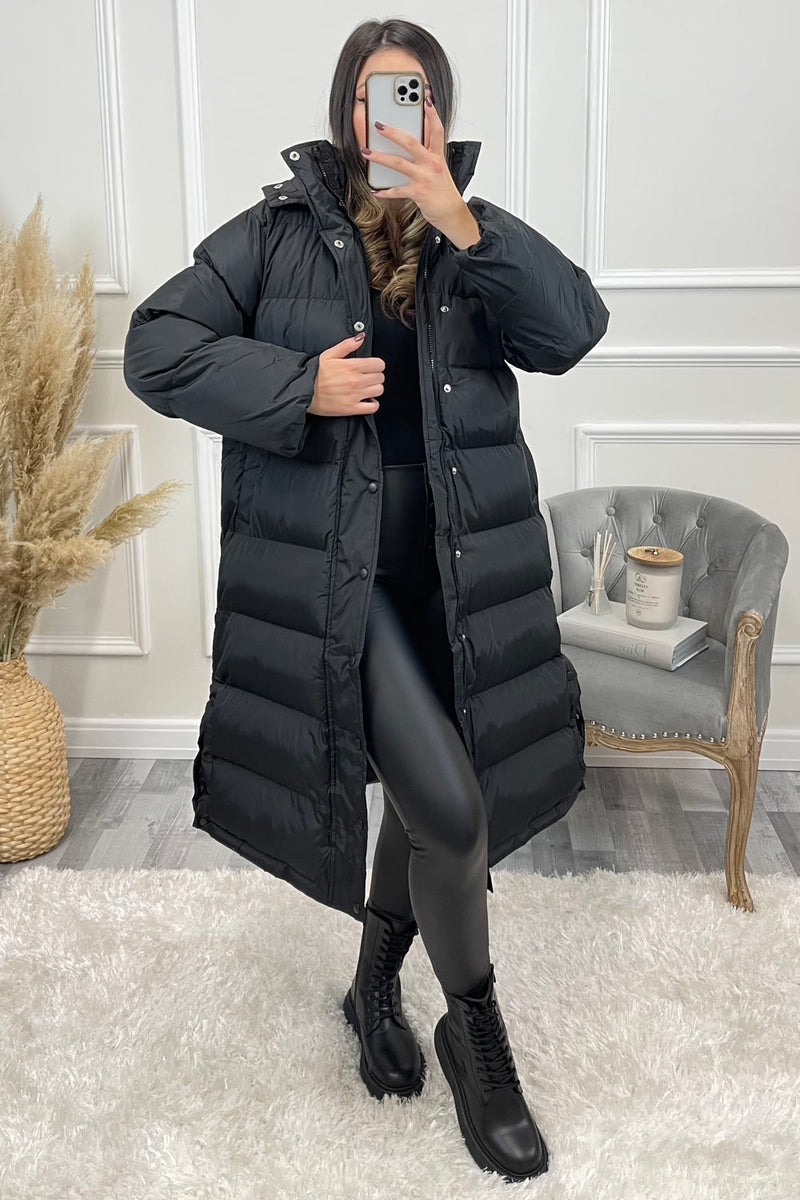 Lollie Black Padded Button Up Hooded Longline Coat – LASULA