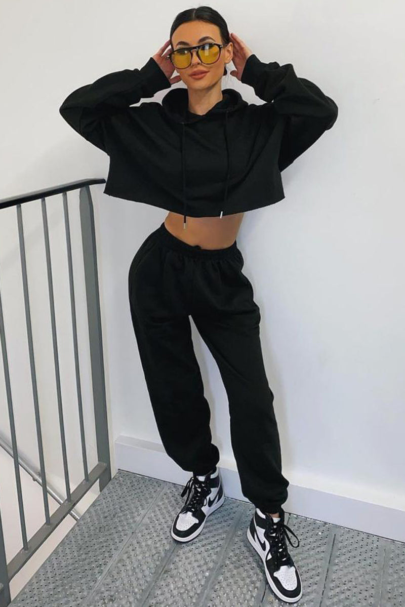 Harper Black Lounge Cropped Hoodie and Joggers Tracksuit Set – LASULA
