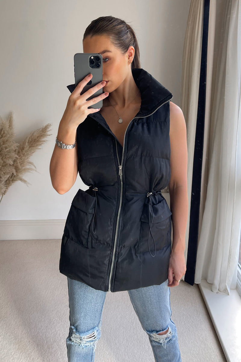 Cecelia Black Longline Puffer Drawstring Gilet LASULA