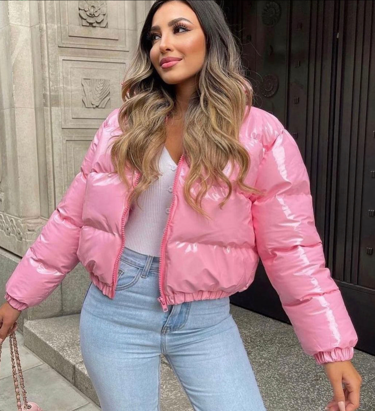 Iris Pink Vinyl Cropped Puffer Jacket LASULA