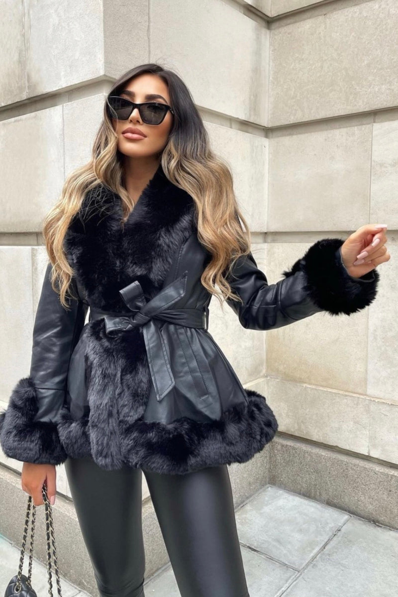 Izzy Black PU Faux Leather Faux Fur Trim Belted Coat – LASULA